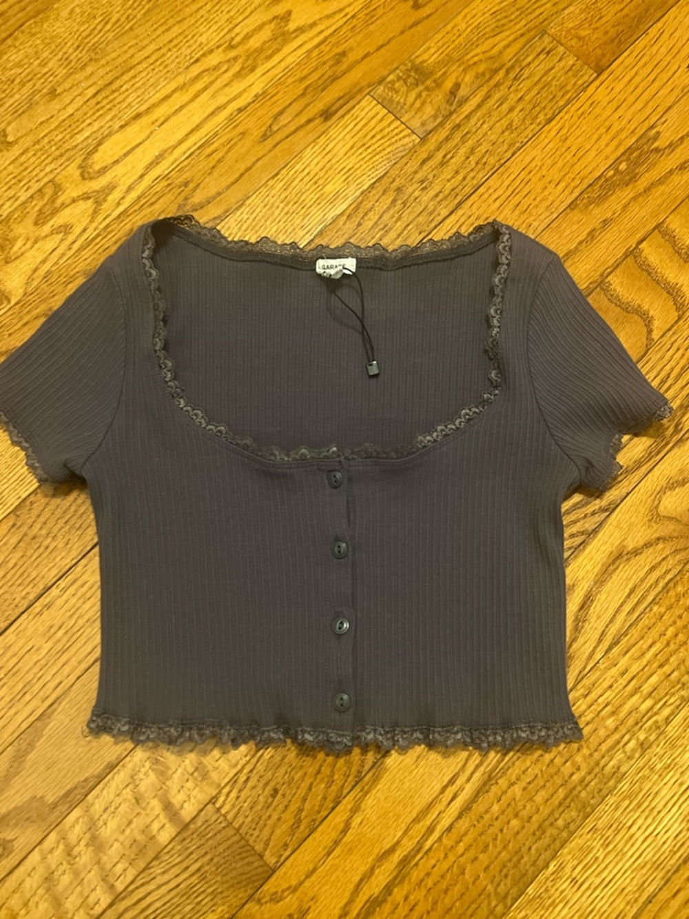 Garage Ribbed Lace Trim Button Front Crop Top Brown Size Medium